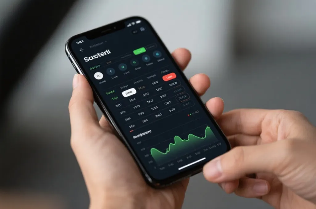 A user interface on a mobile phone displaying a personalized sports schedule with live indicators and clean charts, modern minimal aesthetic