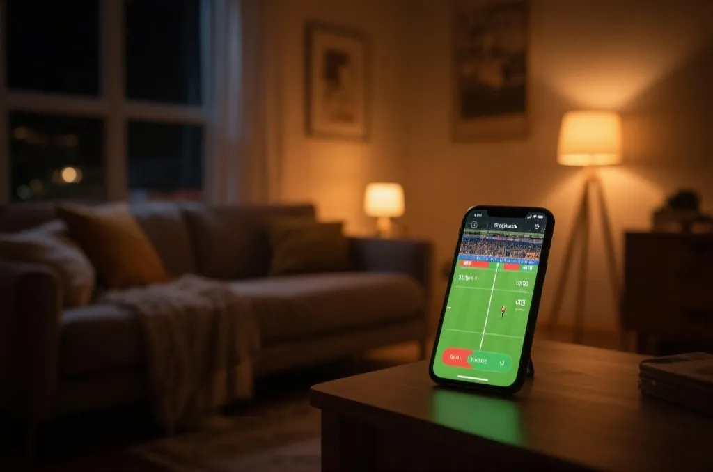 A cozy modern living room with a smartphone displaying live sports data at night